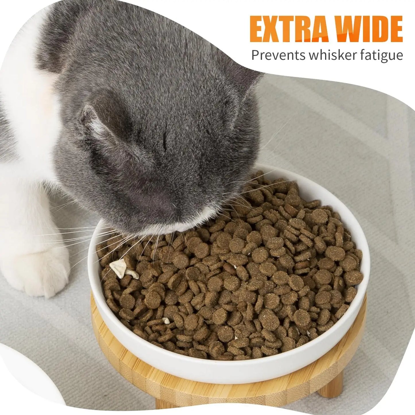 Elevated Ceramic Cat Bowls with Bamboo Stand, Whisker Friendly Pet Feeding Dishes for Indoor Cats, Set of 2
